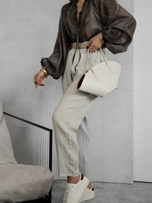 SPODNIE JASMINE TYPU PAPER BAG BEŻOWE - LEN 1
