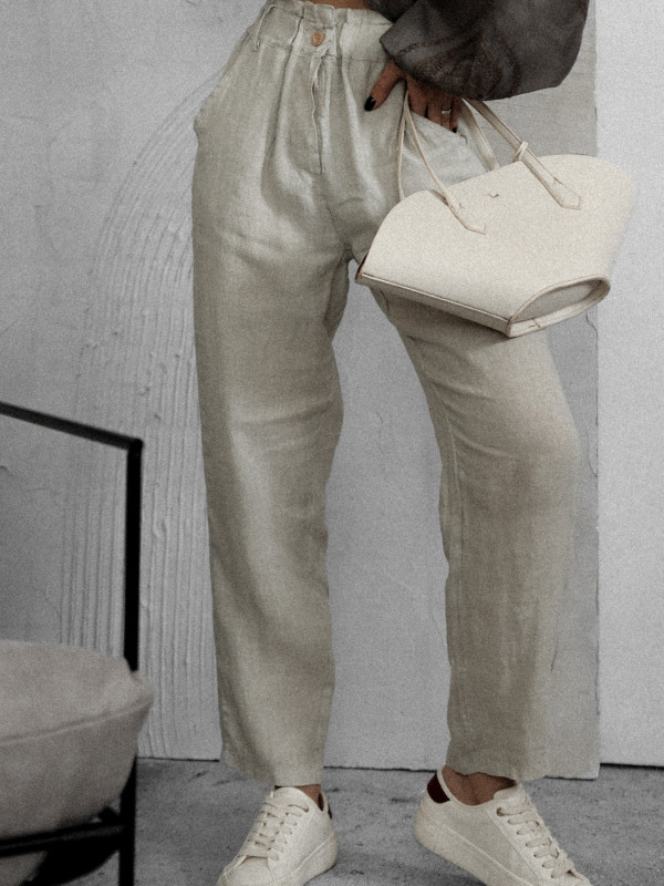 SPODNIE JASMINE TYPU PAPER BAG BEŻOWE - LEN 2