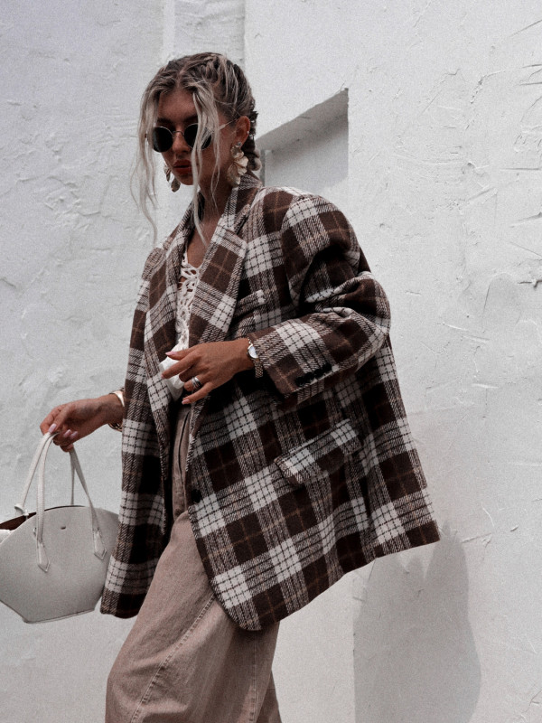 MARYNARKA WILDER O KROJU OVERSIZE W KRATĘ - CZEKOLADOWA 5