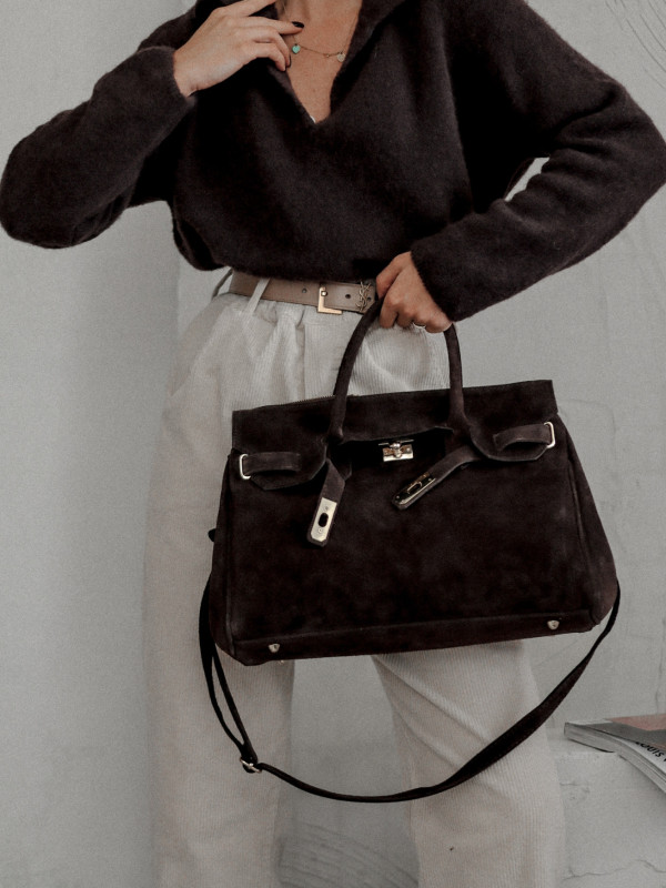 SWETER MIDNIGHT DRAPE Z KOŁNIERZEM TYPU POLO Z ALPAKI - CZEKOLADOWY 1
