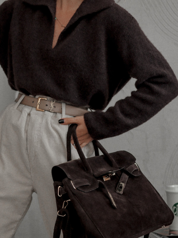 SWETER MIDNIGHT DRAPE Z KOŁNIERZEM TYPU POLO Z ALPAKI - CZEKOLADOWY 5
